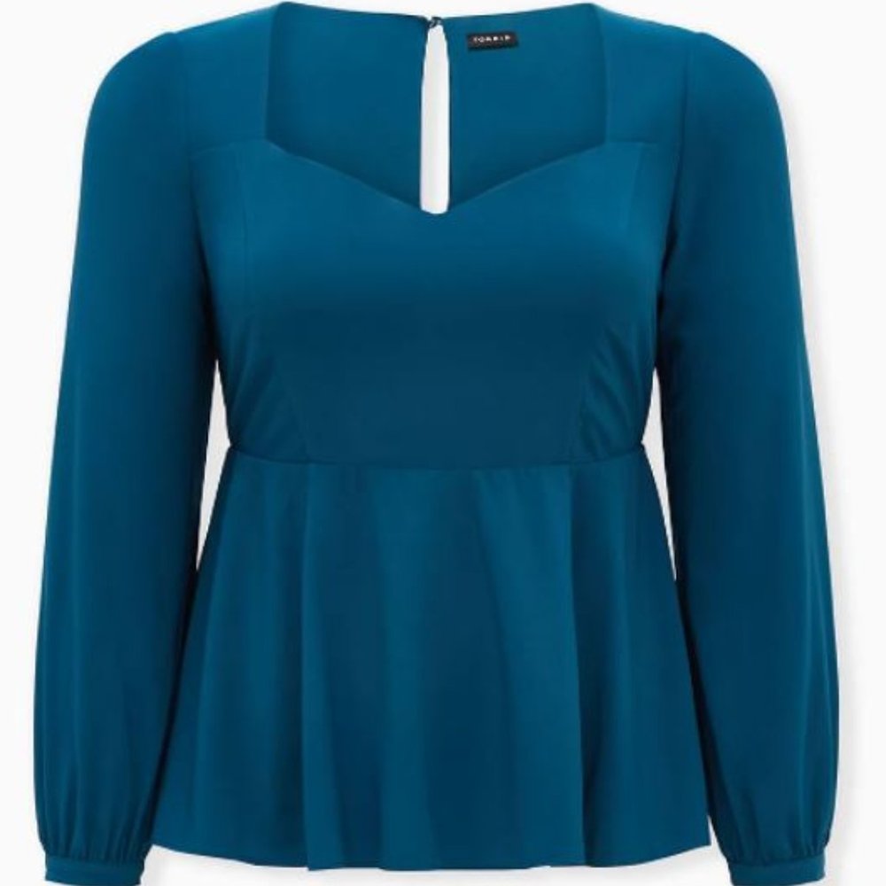TORRID TEAL CREPE SWEETHEART PEPLUM BLOUSE